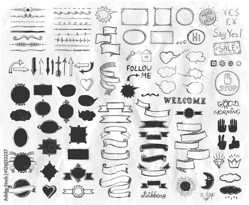 Hand drawn sketch elements on a paper, vector  illustration, doodle graphic line elements, vintage style ribbons, frames, dividers, brushes, silhouettes and phrases