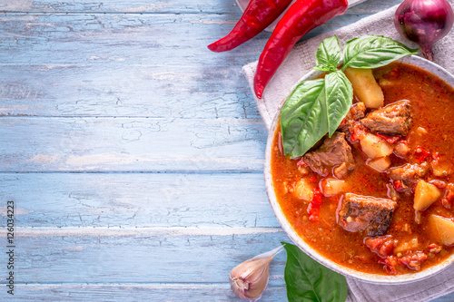 Hungarian goulash on cyan background with copy space