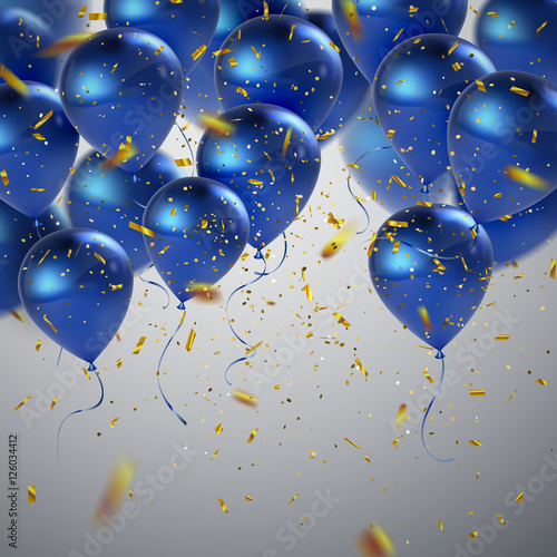 Blue balloons and golden confetti.