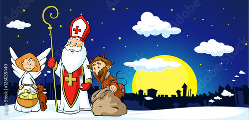 Saint Nicholas, devil and angel in town - vector illustration .During the Christmas season they are warning and punishing bad children and give gifts to good children.