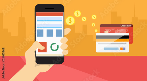 Hand Hold Cell Smart Phone Application Online Banking Payment Banner Flat Vector Illustration