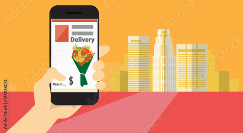 Hand Hold Cell Smart Phone Application Online Flower Delivery Banner Flat Vector Illustration