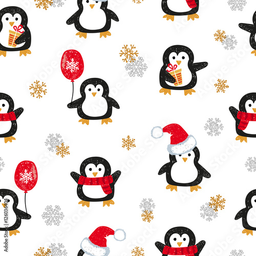 Cute Christmas penguins seamless pattern. Vector holiday background. 