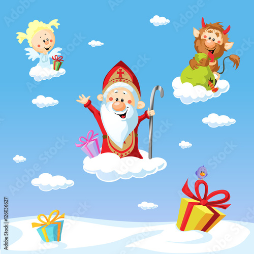 Saint Nicholas, devil and angel - vector illustration with blue sky .During the Christmas season they are warning and punishing bad children and give gifts to good children.