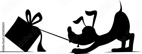 silhouette of a dog pulling up behind gift - vector illustration