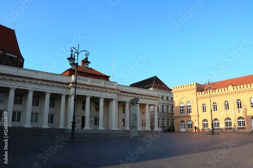 New Building and Old Town Town Hall at Market in Historic Schwerin, Germany