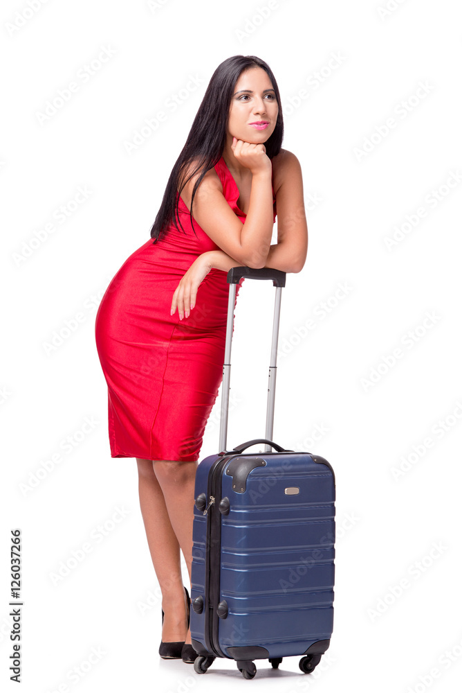 Woman with suitcase isolated on white background