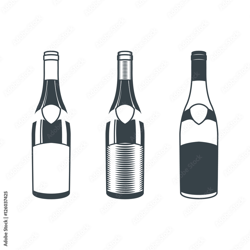 Three bottles of wine on a white background. Design elements. Three bottles of wine on a white background. Design elements.