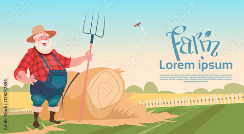 Farmer Working On Farm Hold Pitchfork Hay Harvest Flat Vector Illustration