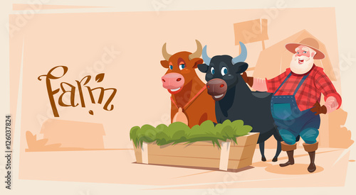 Farmer Breeding Animals Cow Farmland Background Flat Vector Illustration