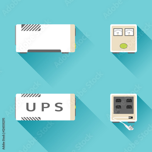 Vector set of uninterrupted power supply icons from different sides on the turquoise background with voltmeter and ammeter.