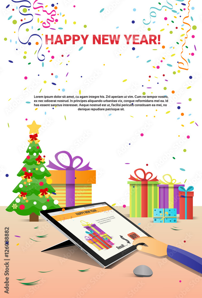 Decorated Workplace Tablet Computer Hands Using Happy New Year Internet Christmas Sale Decoration Flat Vector Illustration