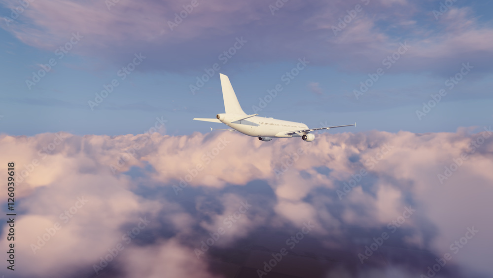 Fototapeta Widok z tyłu samolotu pasażerskiego lecącego wysoko na niebie nad puszystymi chmurami cumulus o zachodzie lub wschodzie słońca. Ilustracja 3D.