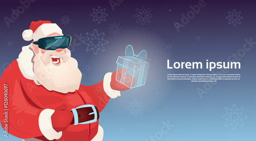 Santa Claus Wear Digital Glasses Hold Virtual Reality Present Box Merry Christmas Happy New Year Flat Vector Illustration