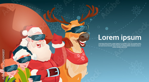 Santa Clause Reindeer Elf Group Wear Digital Glasses Virtual Reality Merry Christmas Happy New Year Flat Vector Illustration