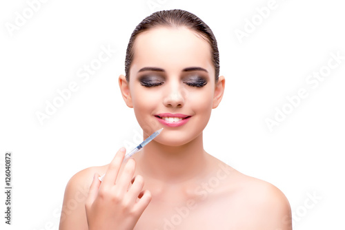 Woman undergoing plastic surgery isolated on white