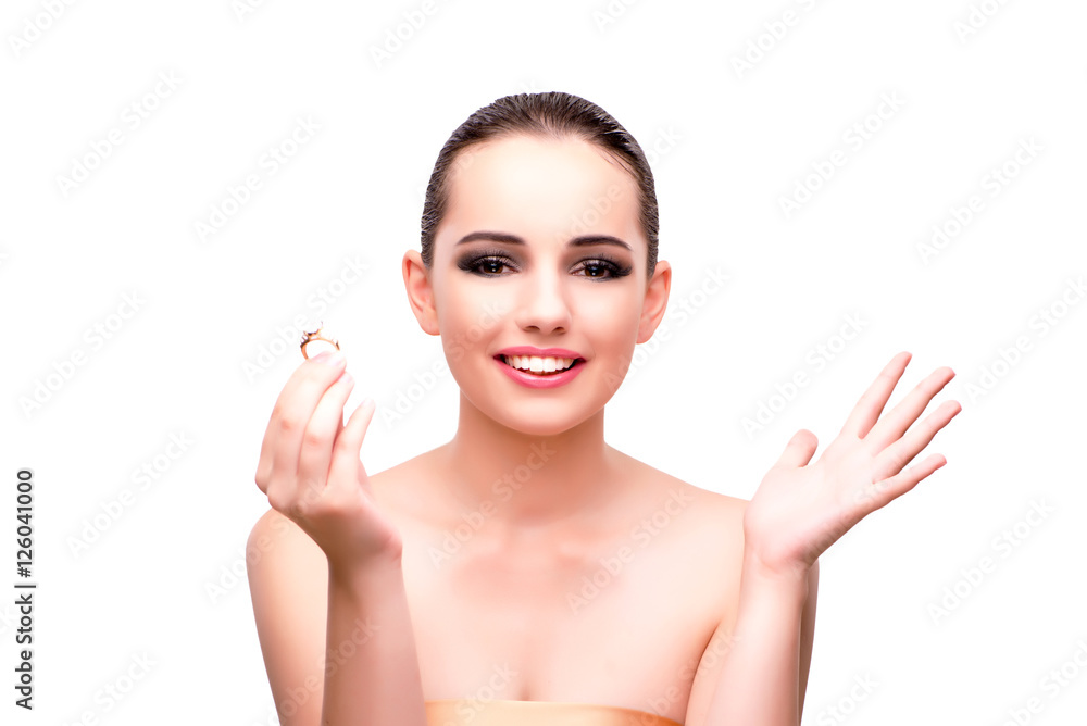 Woman with engagement ring isolated on white Woman with engagement ring isolated on white