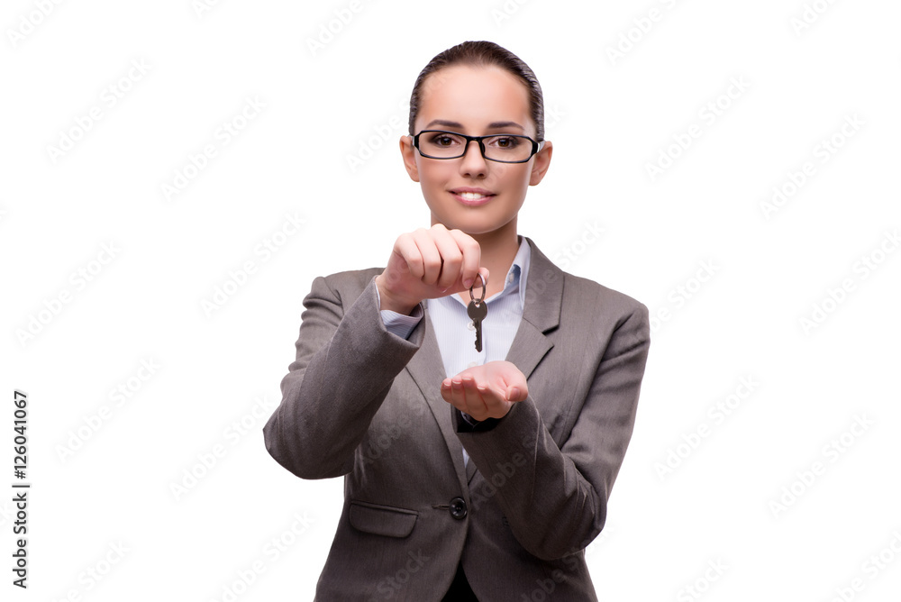 Bsuinesswoman pressing virtual buttons isolated on white Bsuinesswoman pressing virtual buttons isolated on white