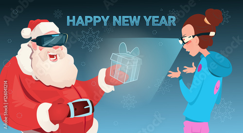 Santa Claus Wear Digital Glasses Give Woman Virtual Reality Present Merry Christmas Happy New Year Flat Vector Illustration