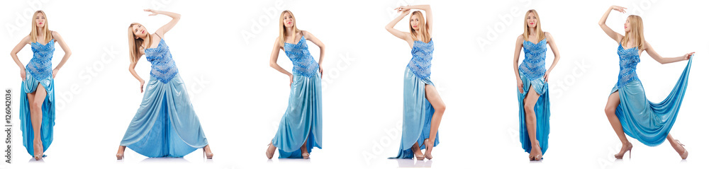 Attractive woman in blue dress on white