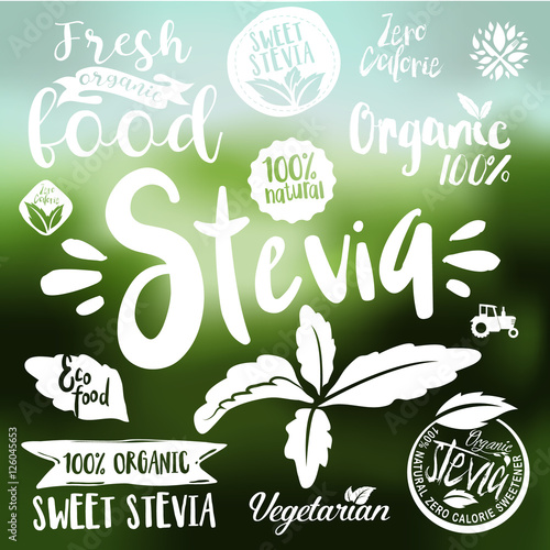 Stevia and Organic food label Set. Farm Fresh label and Logo element. Organic,bio,ecology natural design template. Easy editable for Your design. Retro natural look logotype icon. photo