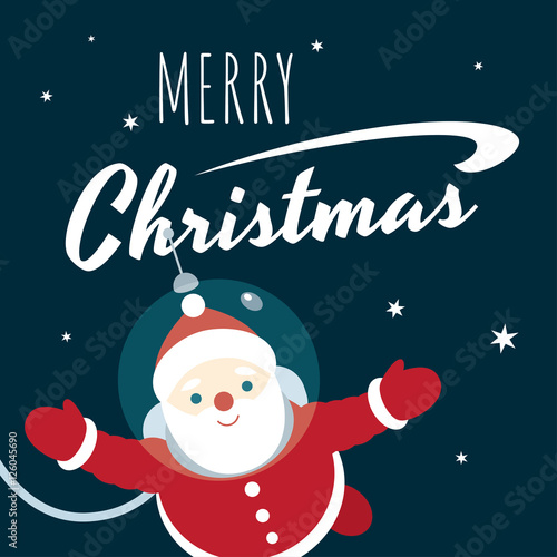 Vector retro styled greeting card with a text "Merry Christmas"and an illustration of Santa Claus in an astronaut suit floating in outer space. Square format, dark background.