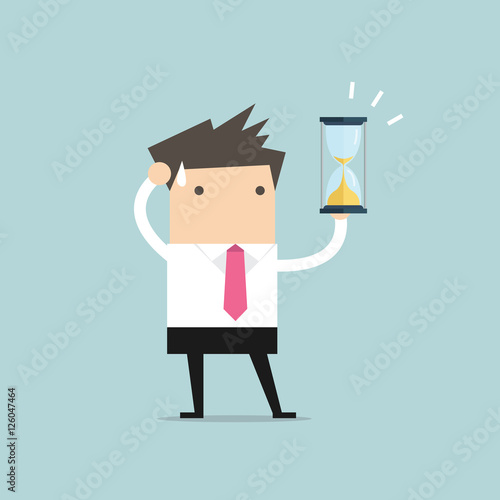 Businessman holding sandglass or hourglass, looking and realise it's nearly time up or deadline. vector