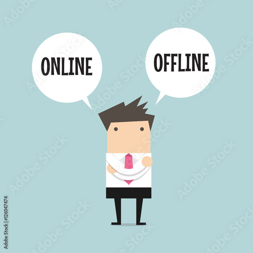 Businessman standing confuse to choose between two option online or offline. vector