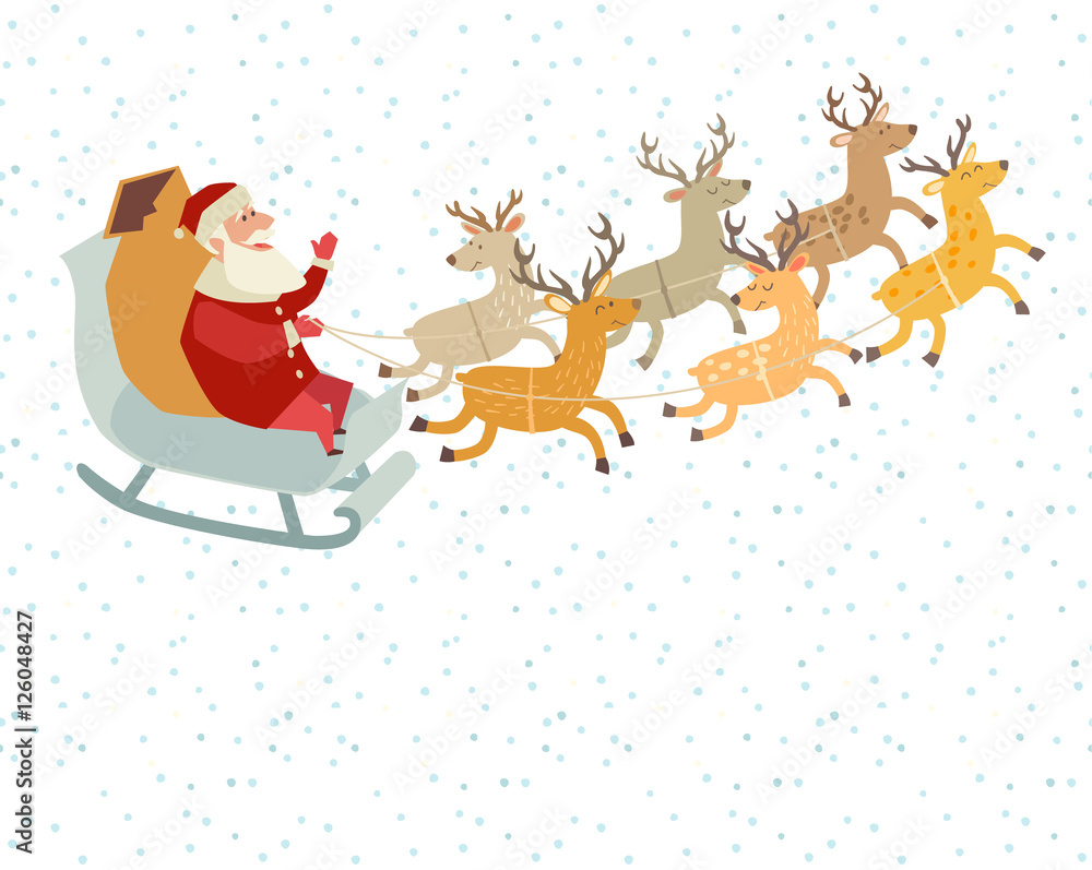 Naklejka premium Santa Claus with deer, Christmas holiday. Santa Claus character. Vector illustration isolated on white background,cartoon style