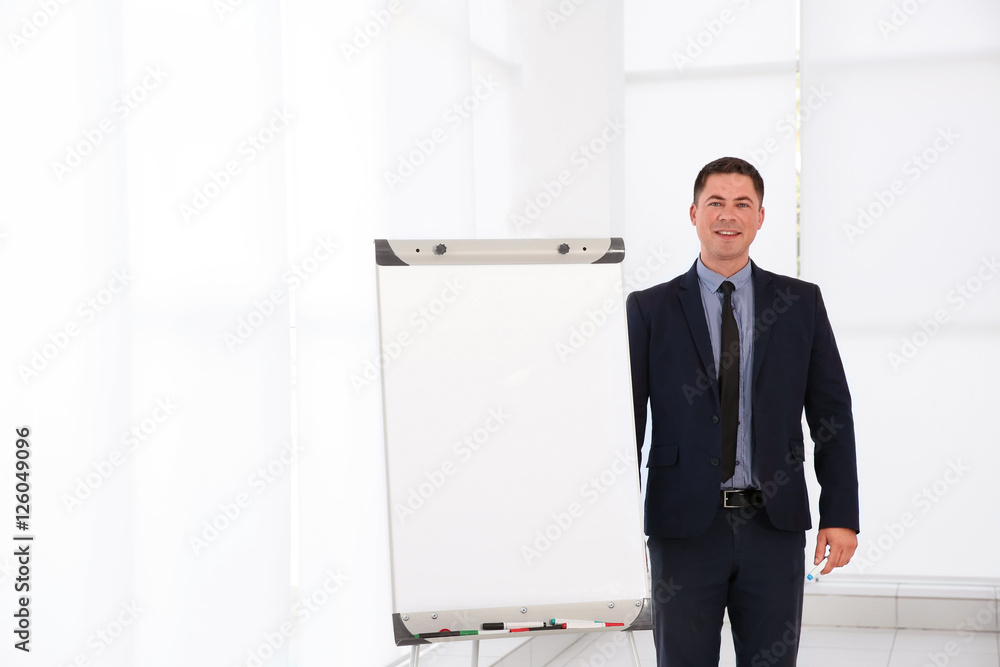 Business trainer giving presentation on whiteboard Business trainer giving presentation on whiteboard