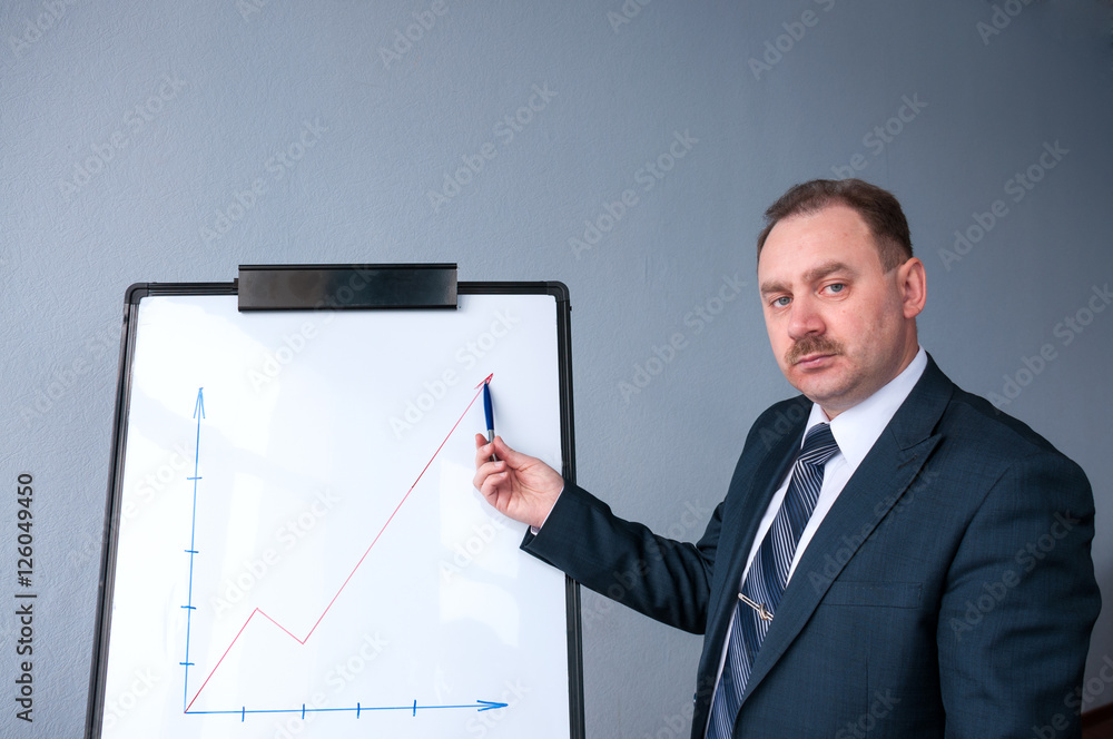 Businessman shows graph that the profit grows Businessman shows graph that the profit grows