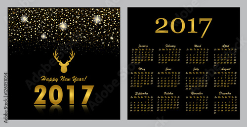 eps 10 vector premium golden glitter 2017 calendar with cover. Shiny falling stars, snowflakes greeting card design. Reindeer logo icon. Happy new year 2017 title for web, print. Calendar cover poster