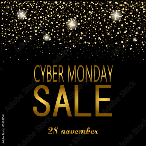 eps 10 vector Cyber Monday sell-out poster. Sale and discount advertising banner for web, print. Luxury stylish golden glitter, shiny falling stars, snowflakes. Graphic design clip art illustration
