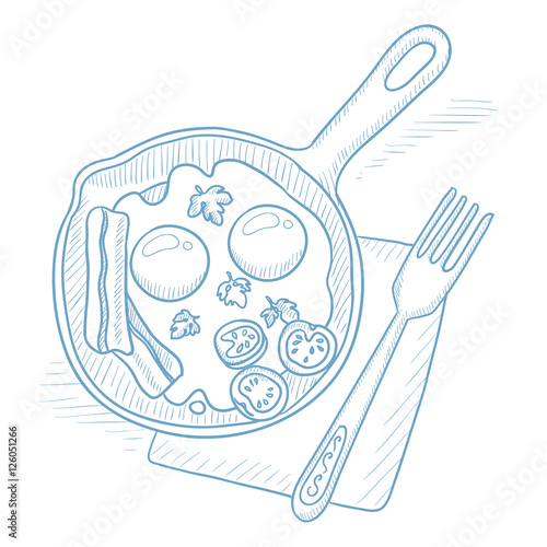 Fried eggs with bacon on frying pan