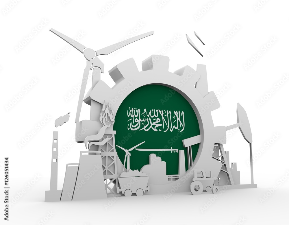 Obraz premium Energy and Power icons set with Saudi Arabia flag. Sustainable energy generation and heavy industry. 3D rendering