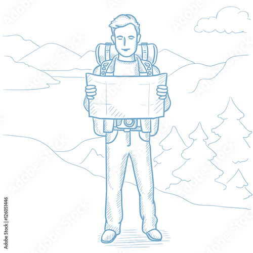 Traveler looking at map vector illustration.