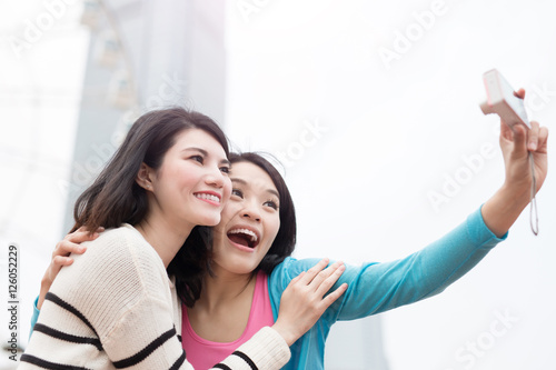 Photography two woman selfie in hongkong