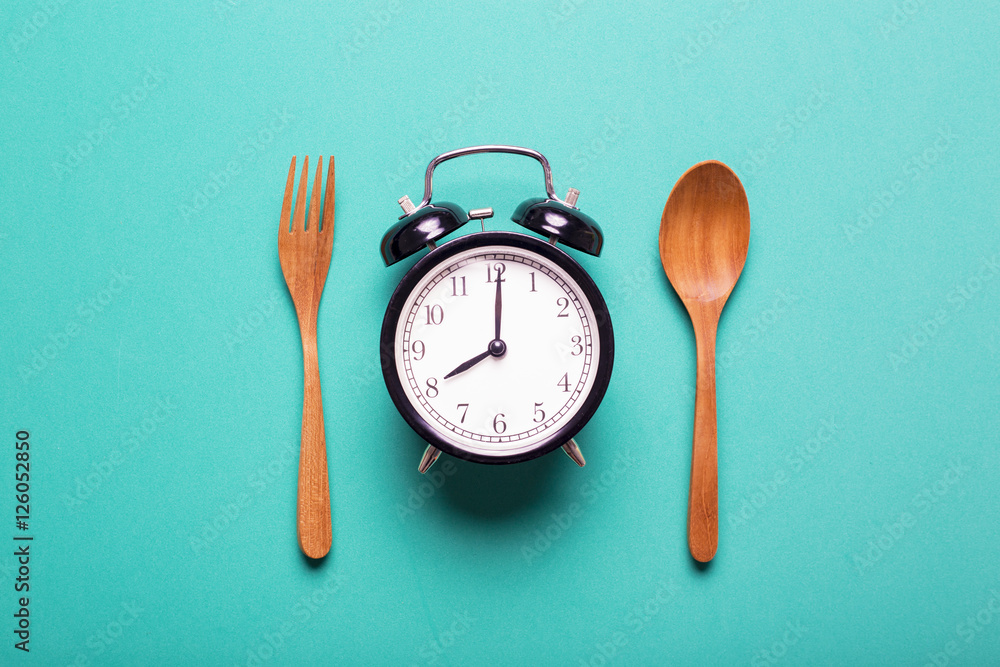 Meal time with alarm clock, breakfast - obrazy, fototapety, plakaty 