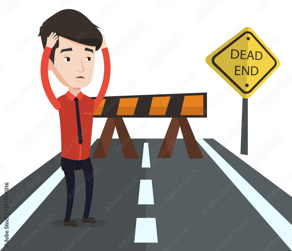 Businessman looking at road sign dead end. Businessman looking at road sign dead end.