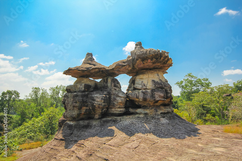 Phu Pha Thoep national park, is home to unusual rock formations and a cave with ancient hand paintingsin, Mukdahan, Thailand,