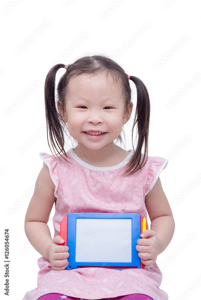 Little asian girl holding board and smiles over white Little asian girl holding board and smiles over white