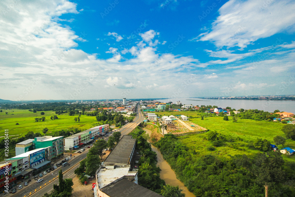 Obraz premium View of Mukdahan business center in Mukdahan Thailand, Mukdahan is also city of Thai - Lao P.D.R. border business center, view from Mukdahan Tower cityscape