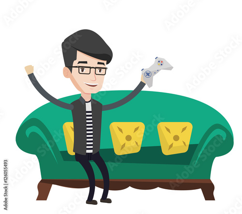 Man playing video game vector illustration.