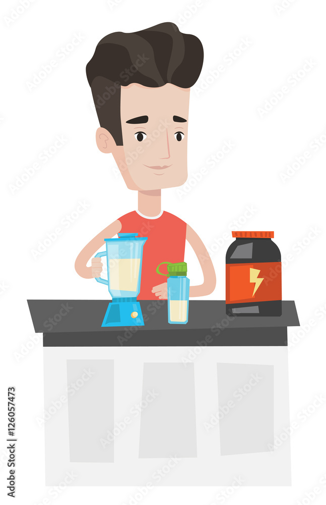 Young man making protein cocktail.