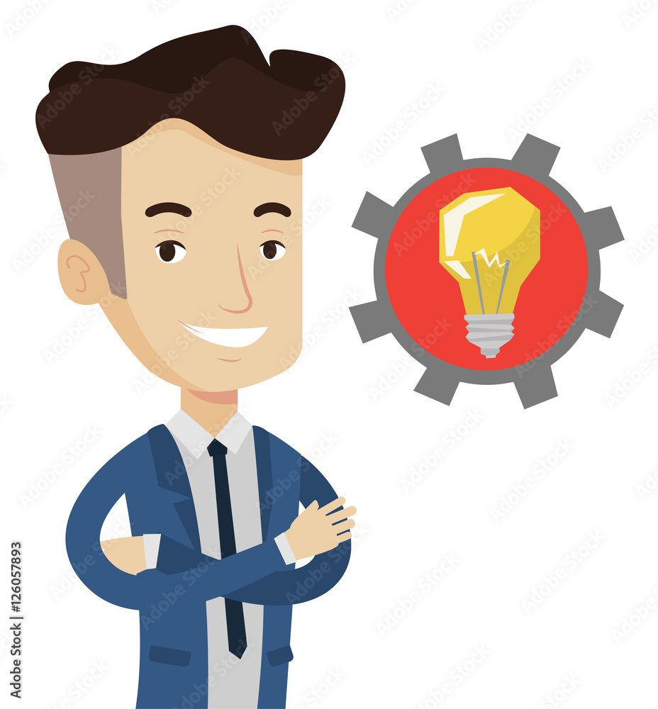 Man with business idea bulb in gear. Man with business idea bulb in gear.