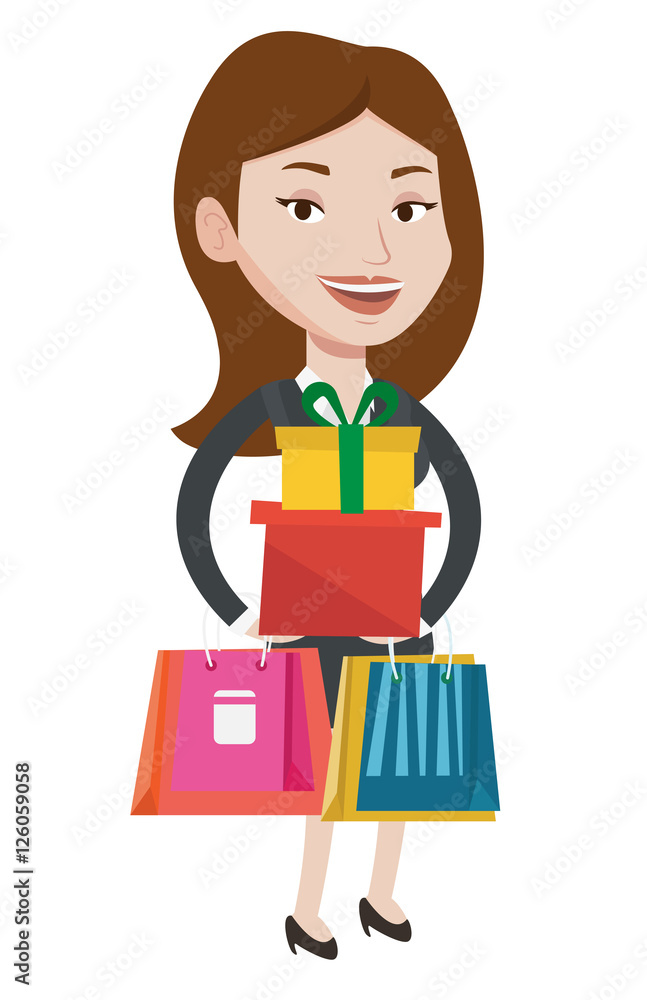 Happy woman holding shopping bags and gift boxes. Happy woman holding shopping bags and gift boxes.