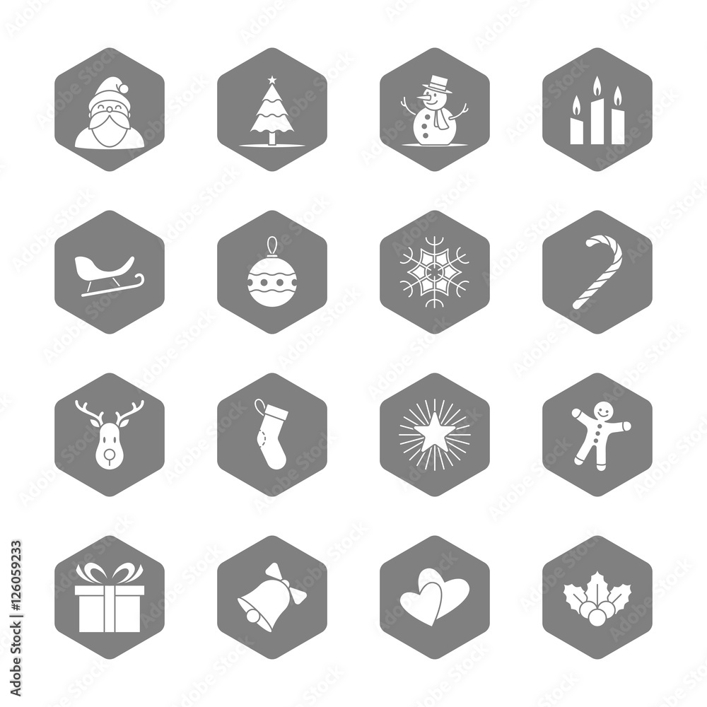 Christmas and new year icon set vector illustration - gray hexagon Christmas and new year icon set vector illustration - gray hexagon