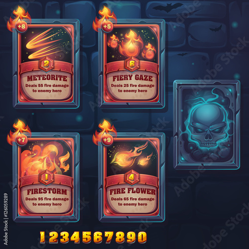 Canvas-taulu Set spell cards of meteorite, fiery gaze, firestorm, fire flowes