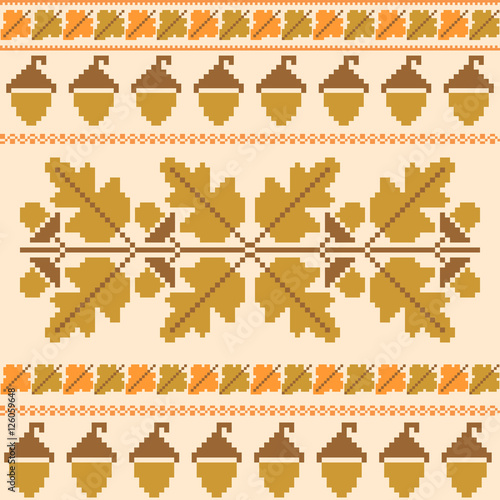 Autumn embroidered background with oak leaves