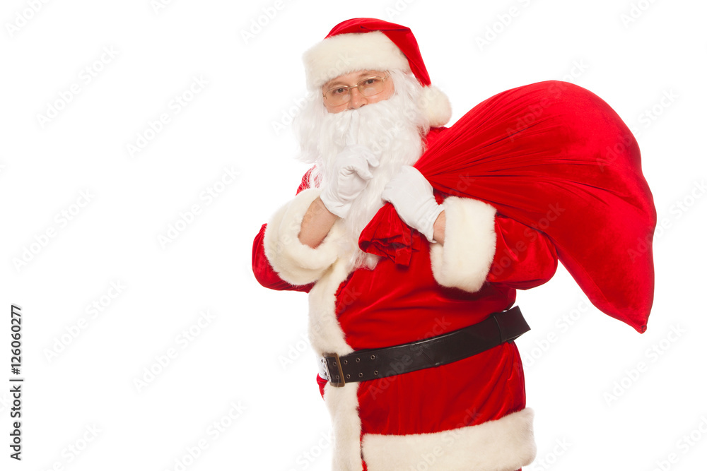 real Santa Claus carrying big bag and showing ok, isolated on white background Christmas real Santa Claus carrying big bag and showing ok, isolated on white background Christmas